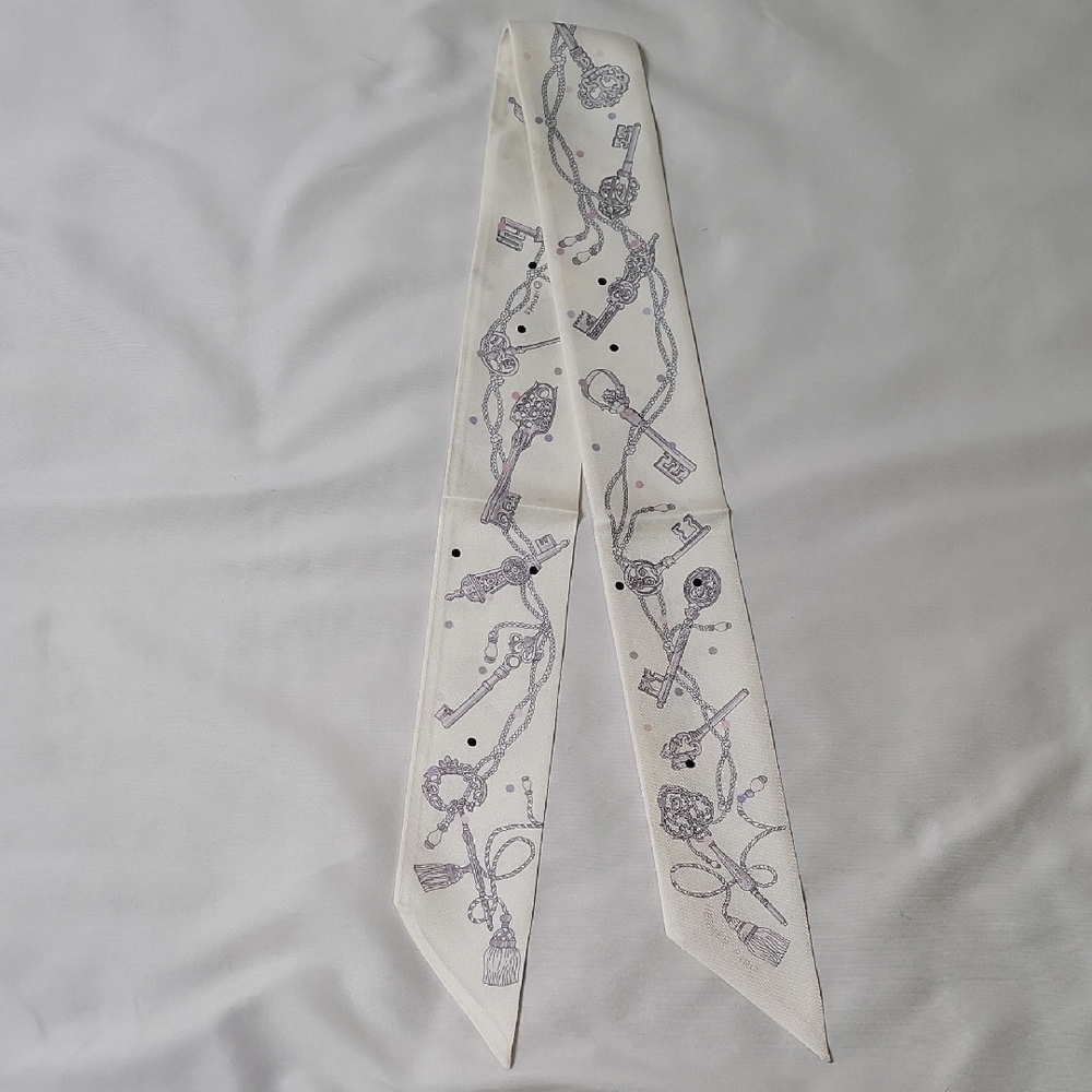 Hermes White Silk Twilly with Lavender and Gray Key & Tassel Motif